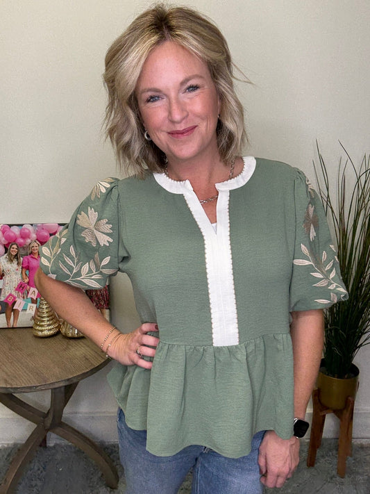 Pleased Puff Sleeve Basil Green Peplum Top