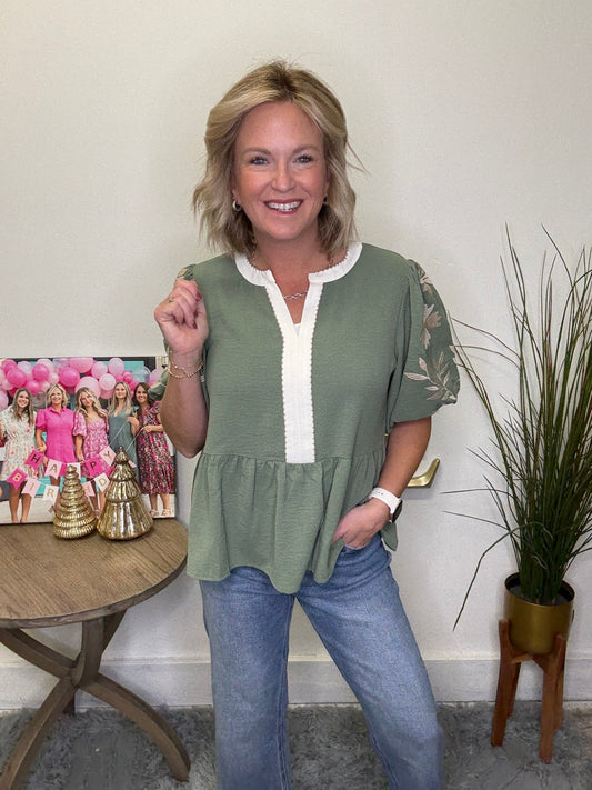 Pleased Puff Sleeve Basil Green Peplum Top 110 Tops - Ella Chic Boutique