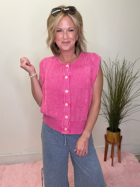 Pop of Pink Knit Button Front Sweater Vest