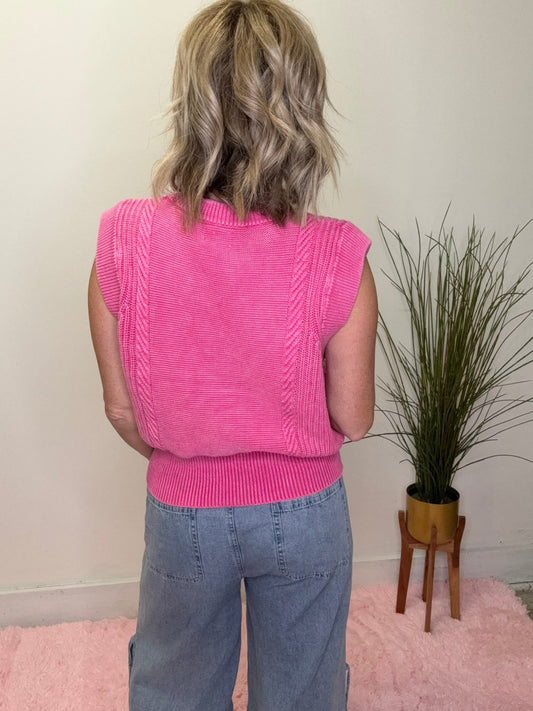 Pop of Pink Knit Button Front Sweater Vest 110 Tops - Ella Chic BoutiqueBibi
