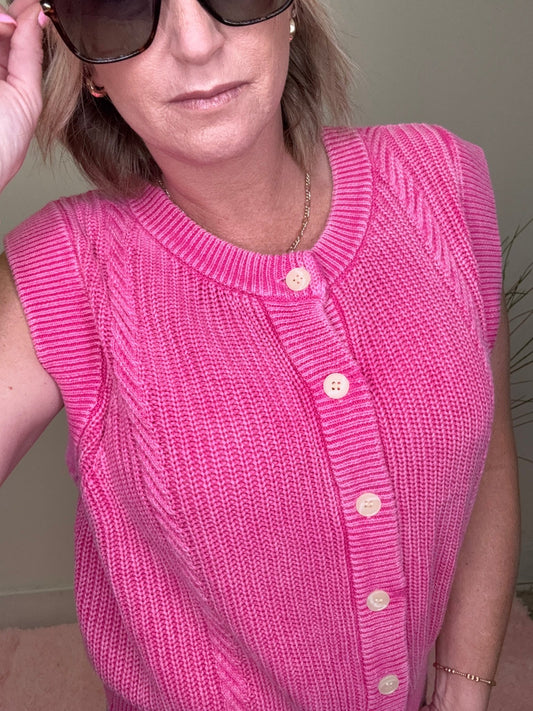Pop of Pink Knit Button Front Sweater Vest 110 Tops - Ella Chic BoutiqueBibi