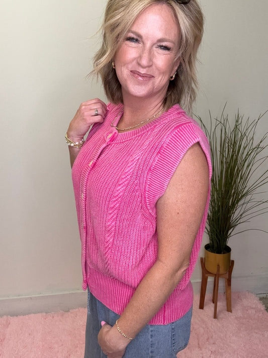 Pop of Pink cable Knit Button Front Sweater Vest sleeveless spring summer top ella chic boutique bibi