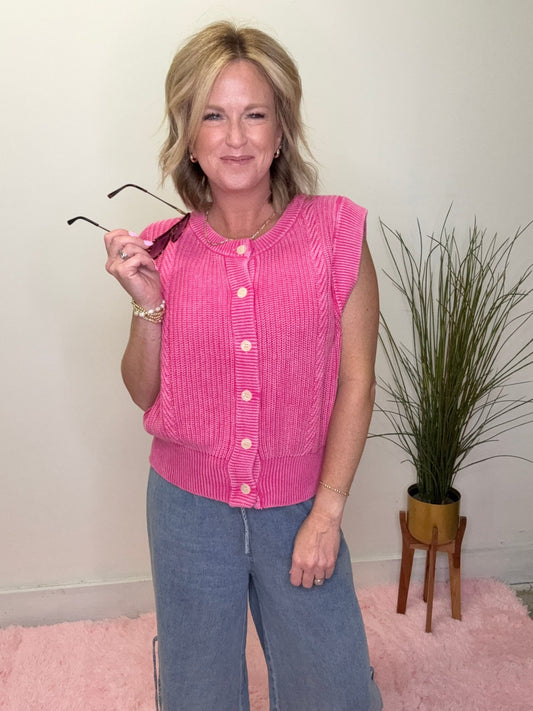 Pop of Pink Knit Button Front Sweater Vest