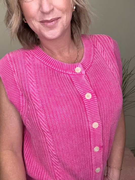 Pop of Pink Knit Button Front Sweater Vest 110 Tops - Ella Chic BoutiqueBibi