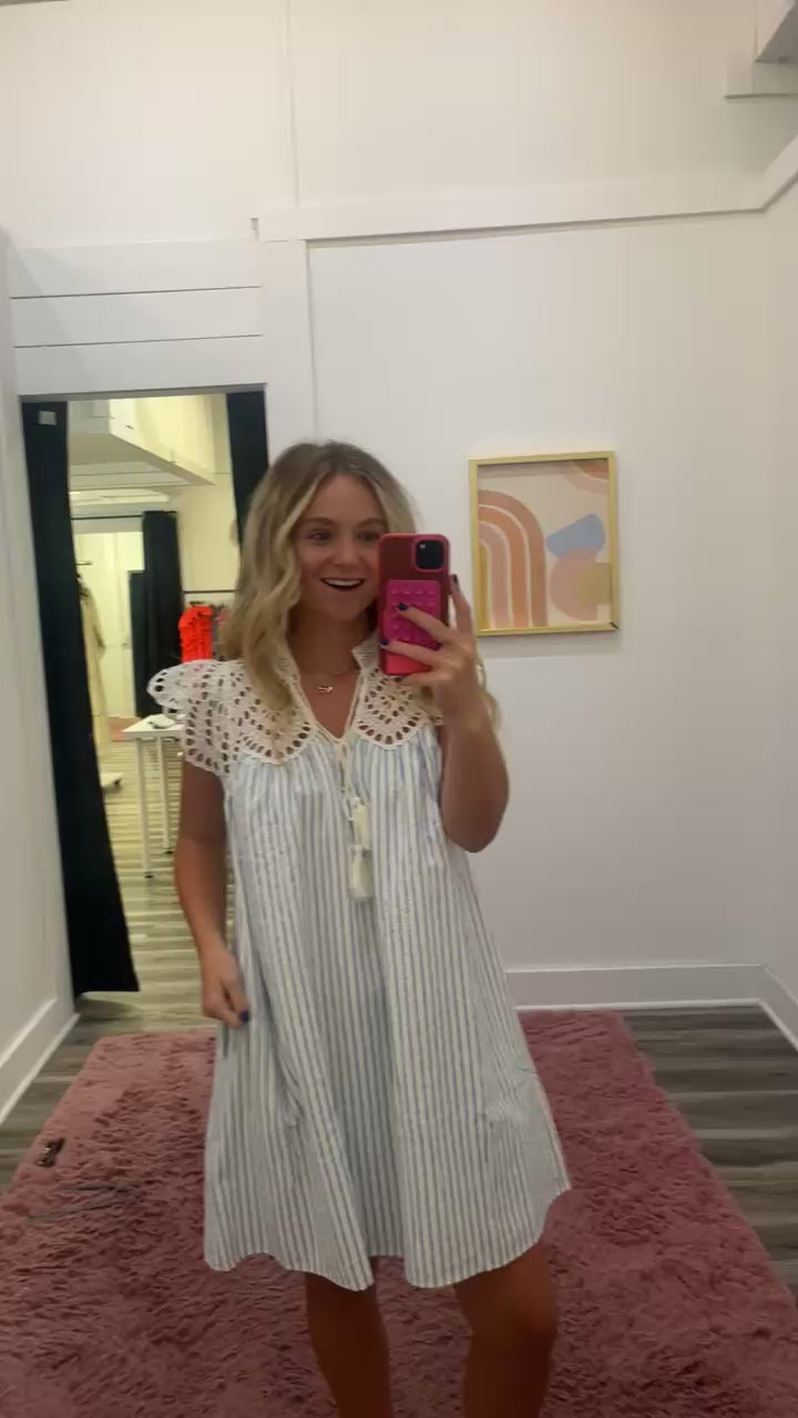 Entro pinstripe blue white dress with lace detail pockets Roanoke Indiana boutique