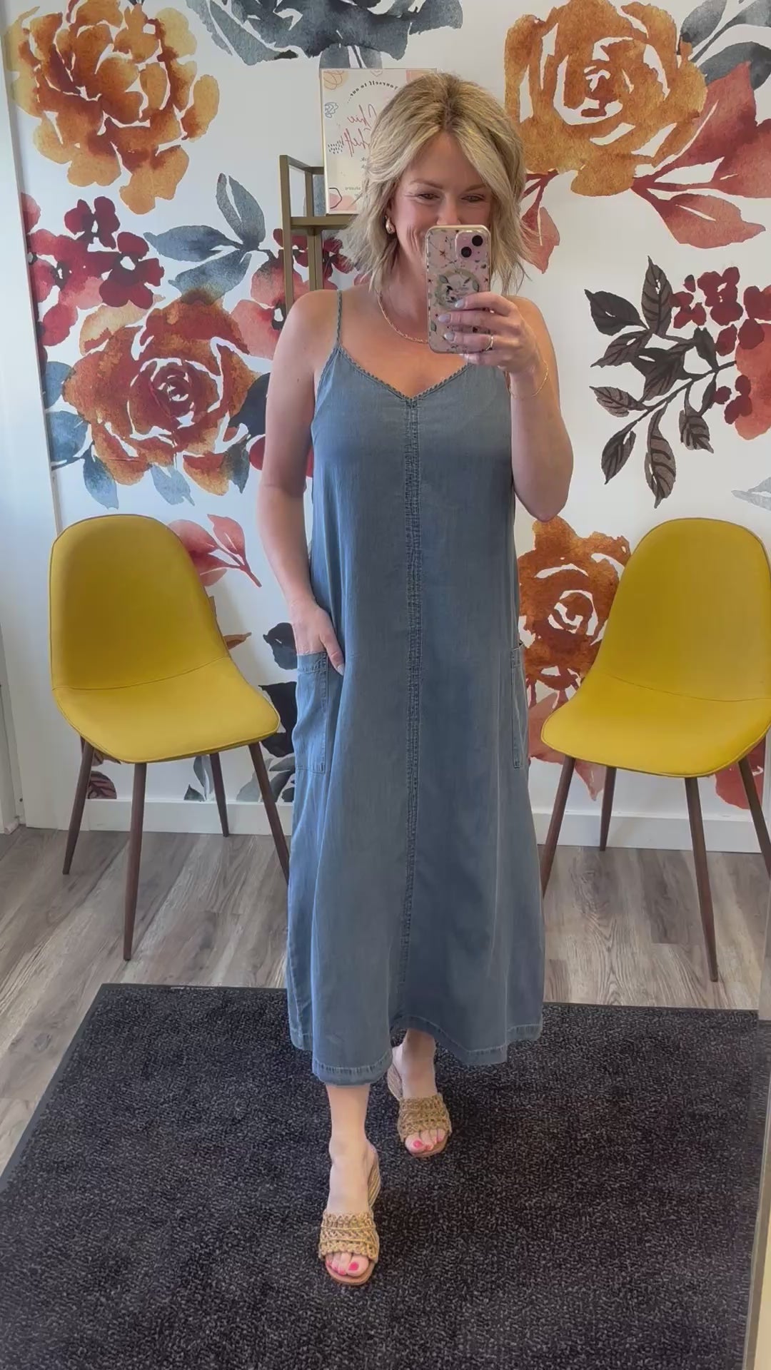 Chambray Side Pocket Overall Midi Dress Hem and thread tank adjustable straps