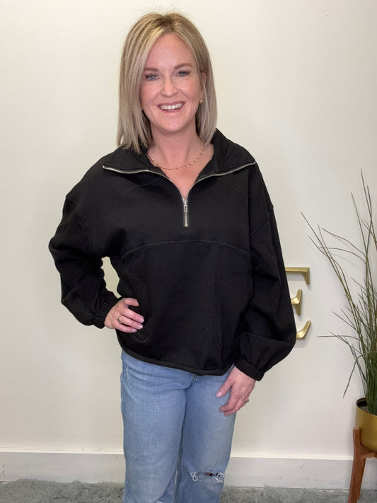 Raelyn Black Half Zip Sweatshirt