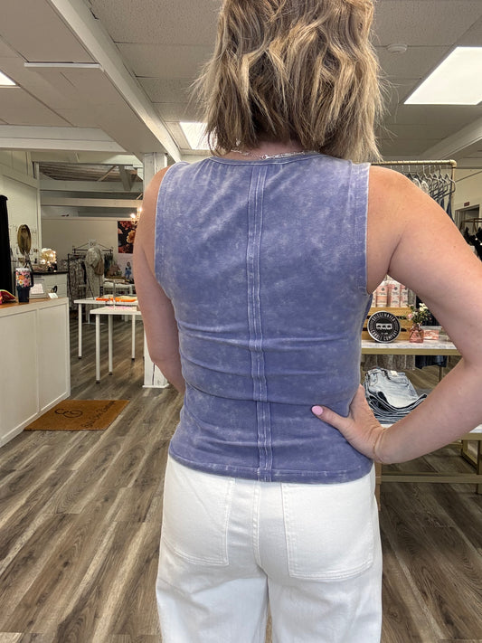 raw edge blue mineral wash tank top round hem mystree boutique