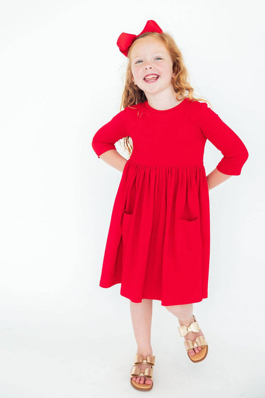 Girls Red 3/4 Sleeve Pocket Twirl Dress