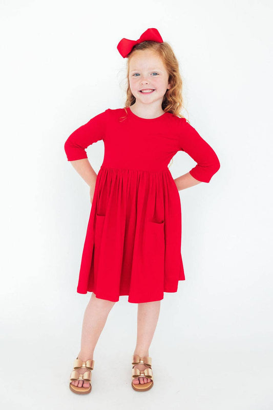 Girls Red 3/4 Sleeve Pocket Twirl Dress