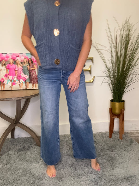 risen brand jeans high rise wide leg medium wash raw hem crop tummy control boutique Indiana