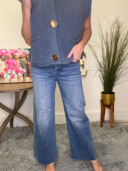risen brand jeans high rise wide leg medium wash raw hem crop tummy control boutique Indiana