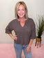 Roll Up Sleeve Notched Neckline Sweater with 3/4 Sleeves