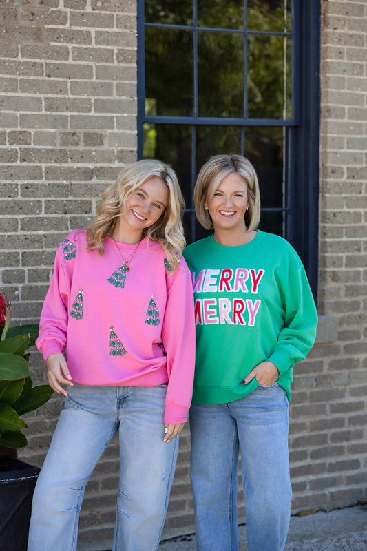 Sarah Green Trees Rhinestone Sweatshirt in Pink 110 Tops - Ella Chic Boutique