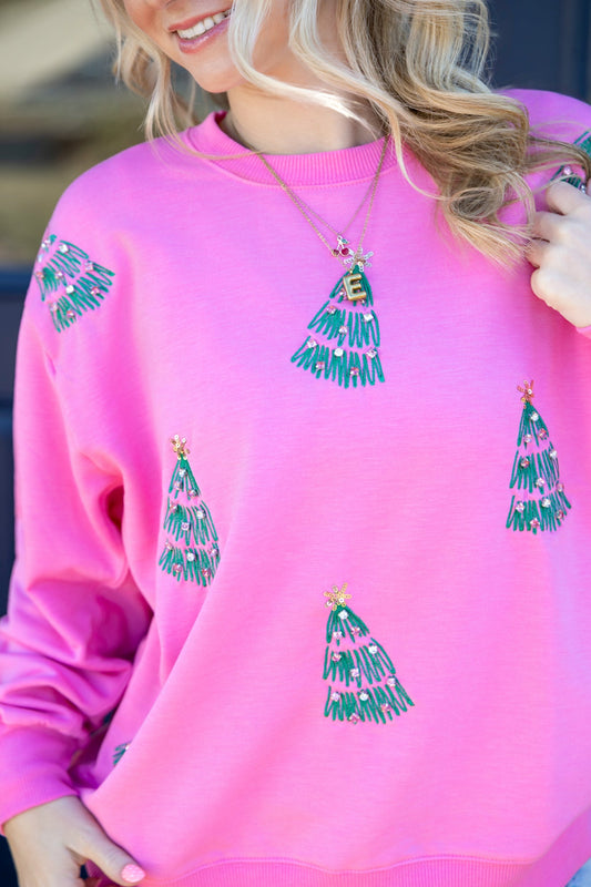 Sarah Green Trees Rhinestone Sweatshirt in Pink