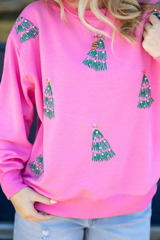 Sarah Green Trees Rhinestone Sweatshirt in Pink 110 Tops - Ella Chic Boutique