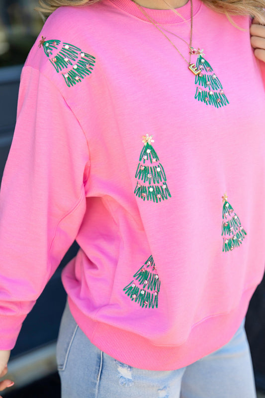 Sarah Green Trees Rhinestone Sweatshirt in Pink 110 Tops - Ella Chic Boutique