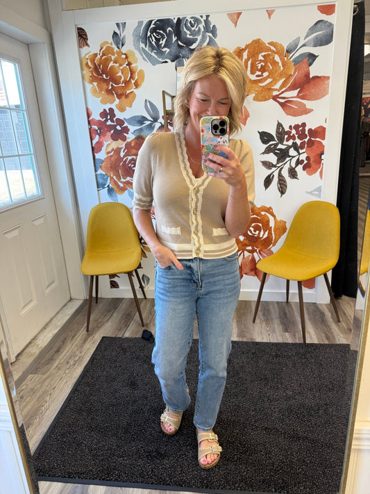 Scalloped Neckline Knit Cardigan Top 110 Tops - Ella Chic Boutique