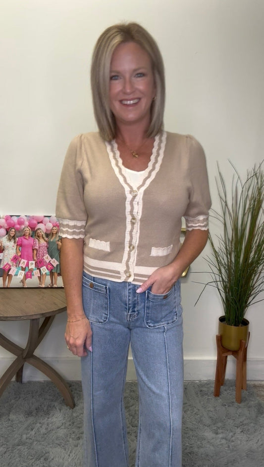 Scalloped Neckline Knit Cardigan Top 110 Tops - Ella Chic Boutique