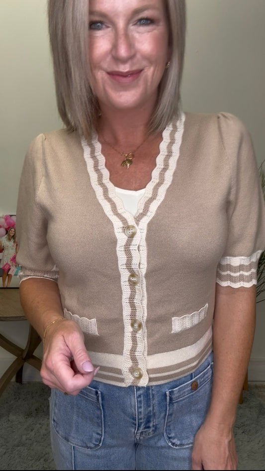 Scalloped Neckline Knit Cardigan Top 110 Tops - Ella Chic Boutique