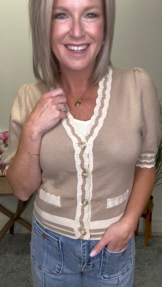 Scalloped Neckline Knit Cardigan Top 110 Tops - Ella Chic Boutique