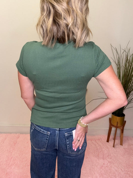 Short Sleeve Ribbed Cardigan in Perfect Green 110 Tops - Ella Chic BoutiqueMikarose