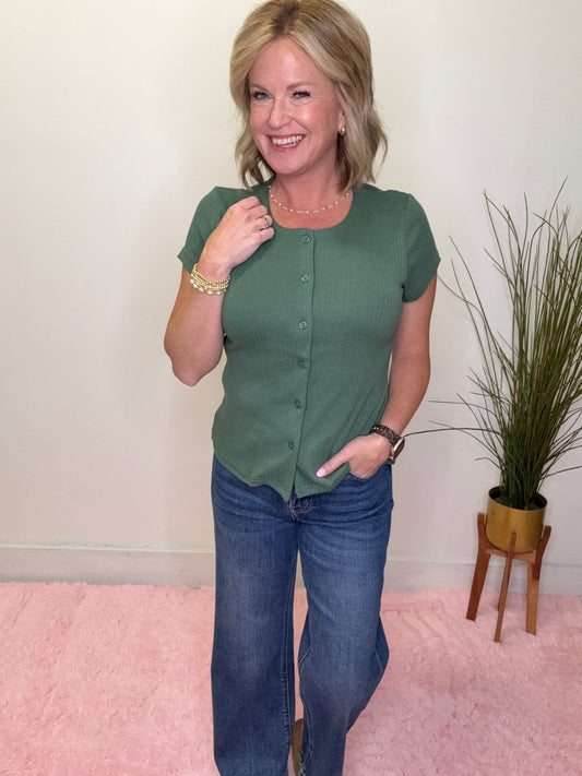 Short Sleeve Ribbed Cardigan in Perfect Green 110 Tops - Ella Chic BoutiqueMikarose