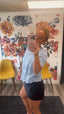 Vine and Love Sky light Blue open knit short sleeve lightweight sweater top scallop hem fall