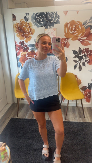 Vine and Love Sky light Blue open knit short sleeve lightweight sweater top scallop hem fall