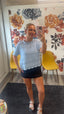 Vine and Love Sky light Blue open knit short sleeve lightweight sweater top scallop hem fall