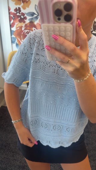 Sky Blue Crochet Knit Sweater Top 110 Tops- Ella Chic BoutiqueVine & Love