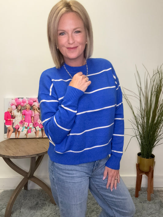 soft hyfve double zero Brilliantly Blue Striped Sweater Top knit Ella Chic Boutique Roanoke
