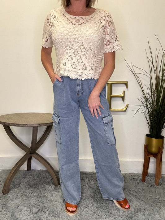 soft tencel fabric elastic waist cargo jeans straight leg pockets wishlist boutique