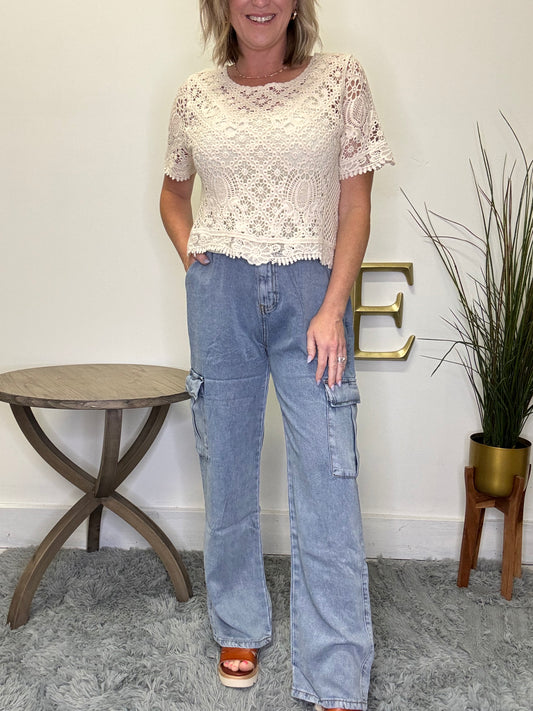 soft tencel fabric elastic waist cargo jeans straight leg pockets wishlist boutique