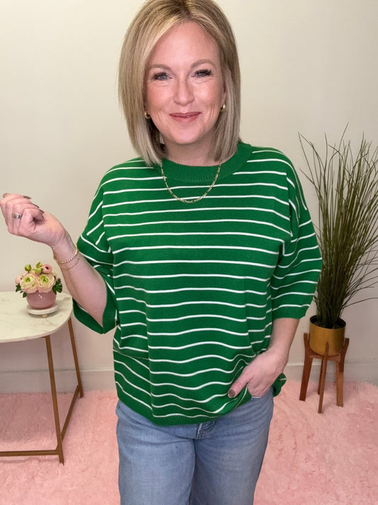 Striped Knit Short Sleeve Top in Green 110 Tops - Ella Chic BoutiqueSewn and Seen