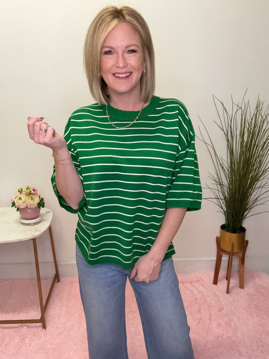 Striped Knit Short Sleeve Top in Green 110 Tops - Ella Chic BoutiqueSewn and Seen