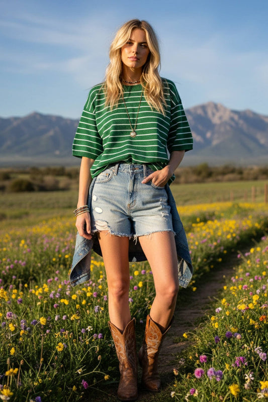 Striped Knit Short Sleeve Top in Green 110 Tops - Ella Chic BoutiqueSewn and Seen