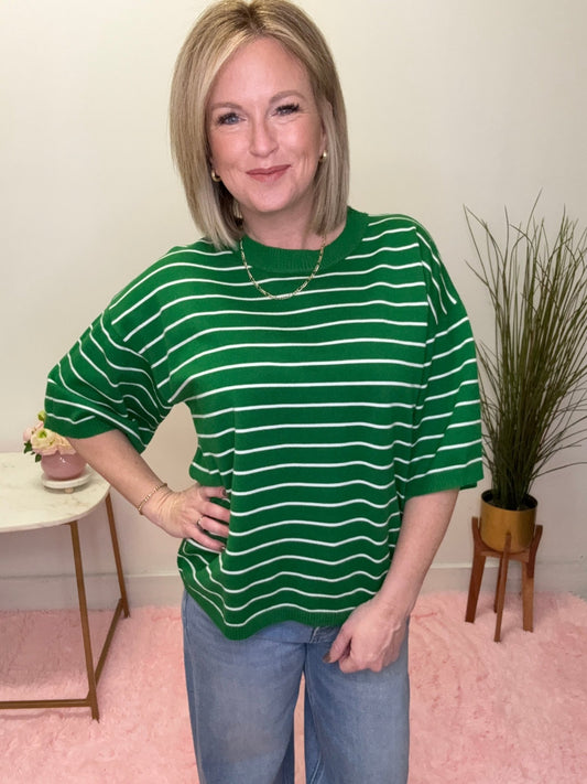 Striped Knit Short Sleeve Top in Green 110 Tops - Ella Chic BoutiqueSewn and Seen