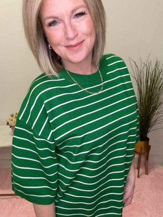 Striped Knit Short Sleeve Top in Green 110 Tops - Ella Chic BoutiqueSewn and Seen