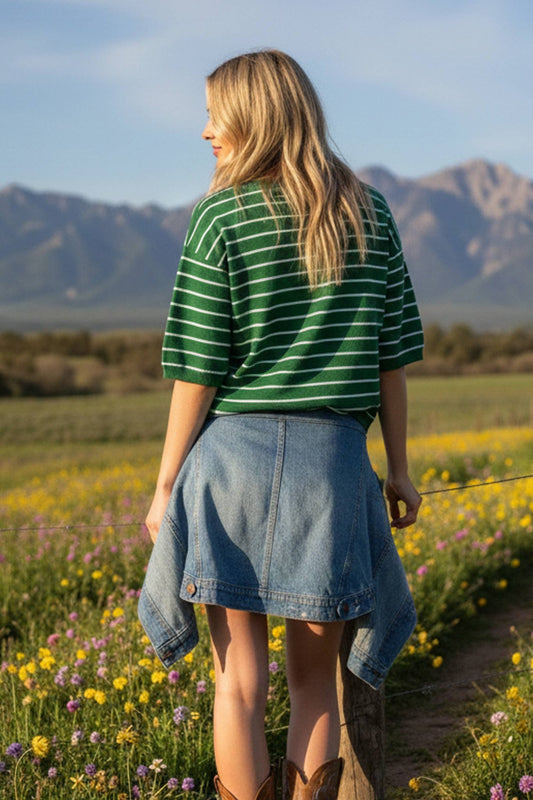 Striped Knit Short Sleeve Top in Green 110 Tops - Ella Chic BoutiqueSewn and Seen