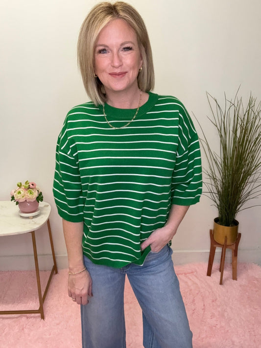 Striped Knit Short Sleeve Top in Green