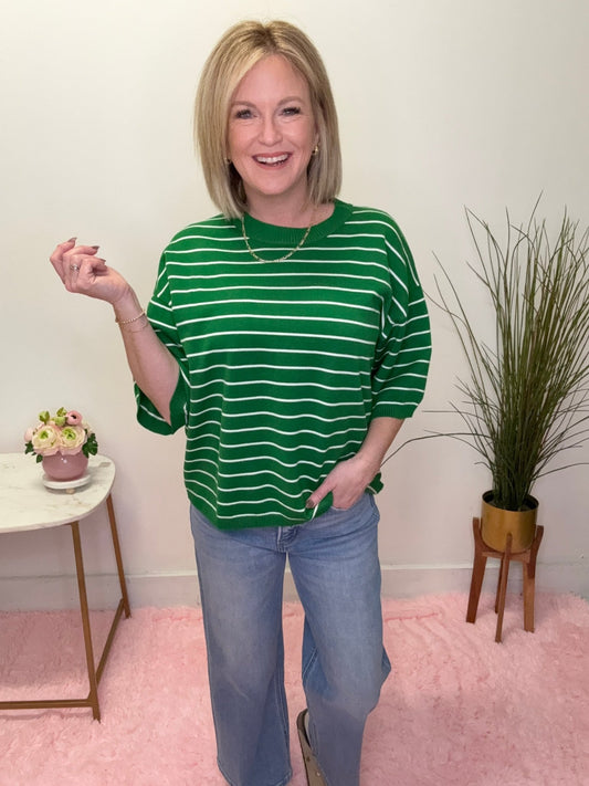 Striped Knit Short Sleeve Top in Green
