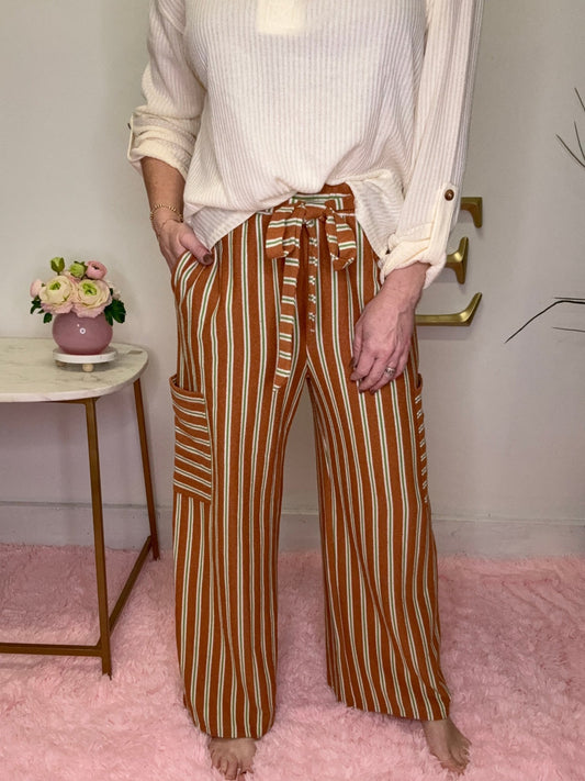 Striped Knit Wide Leg Pants Camel With Green Stripes