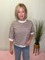 Striped Puff Sleeve Top with Lace Trim in Chocolate 110 Tops- Ella Chic BoutiqueKori America