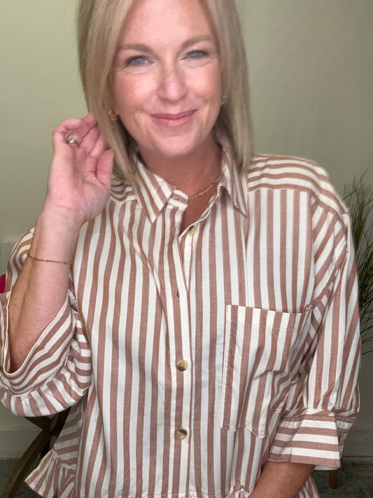 striped ruffle button up shirt collar by together rust ivory white 3/4 sleeves dress shirt