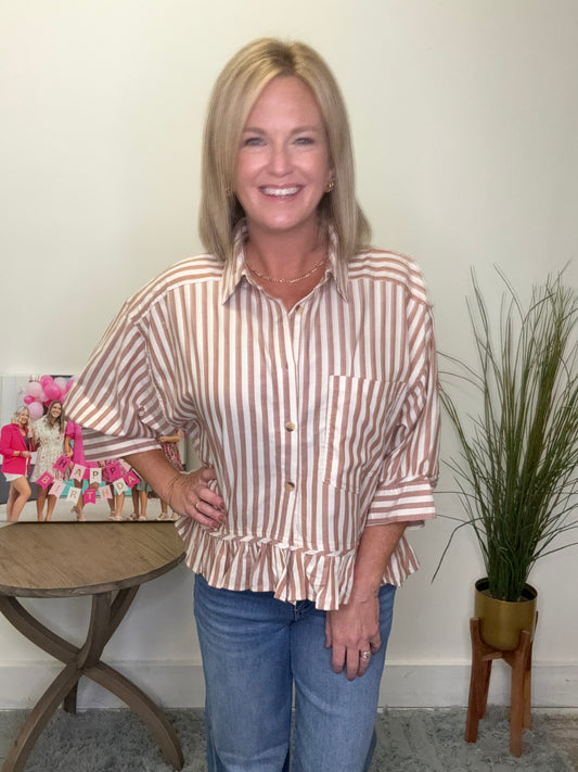 striped ruffle button up shirt collar by together rust ivory white 3/4 sleeves dress shirt
