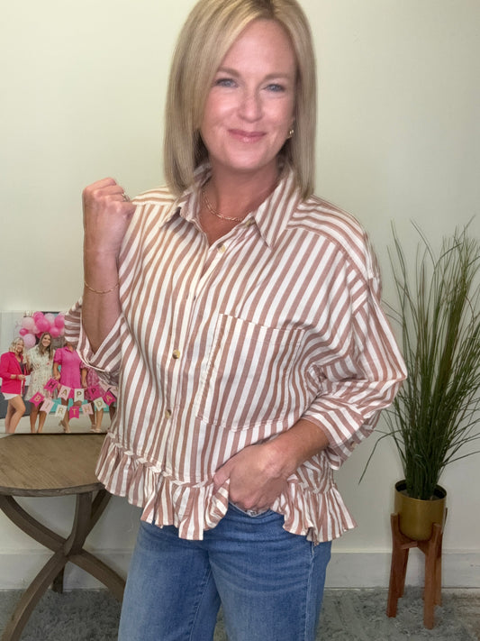 striped ruffle button up shirt collar by together rust ivory white 3/4 sleeves dress top