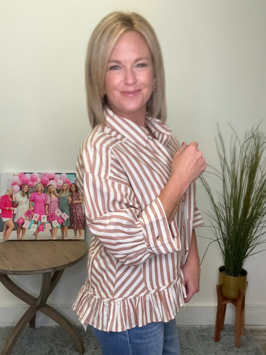 striped ruffle button up shirt collar by together rust ivory white 3/4 sleeves dress shirt