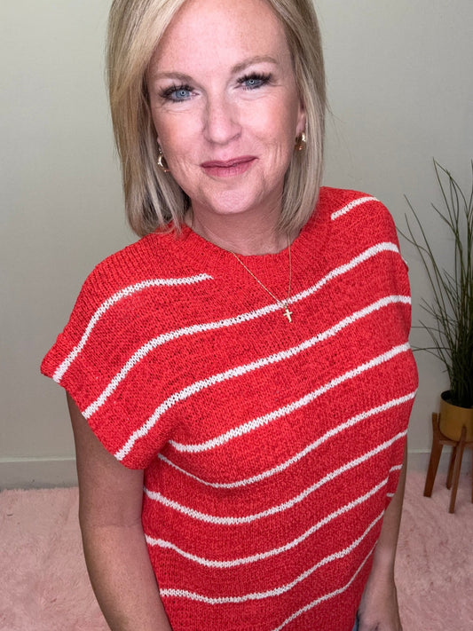 Sunny Days Striped Knit Sweater Top in Red