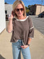Taking It Easy Relaxed Striped Waffle Knit Top in Chocolate 110 Tops- Ella Chic BoutiqueBibi